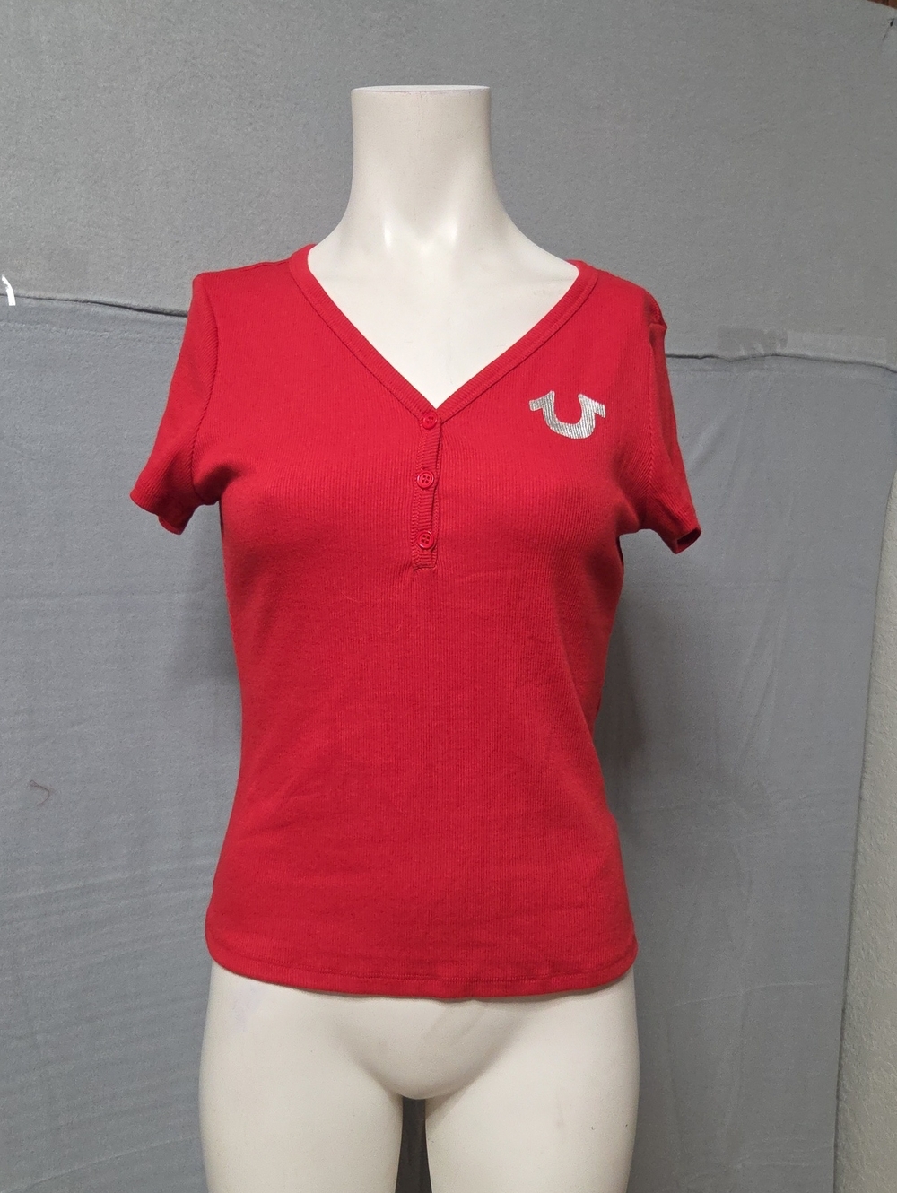 True Religion Red Short Sleeve V-Neck Tee with Silver Logo